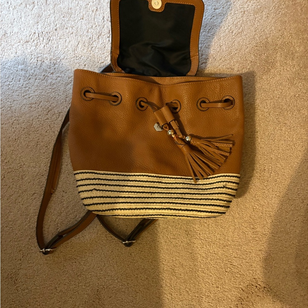 Brown and Cream Women's Bucket Bag